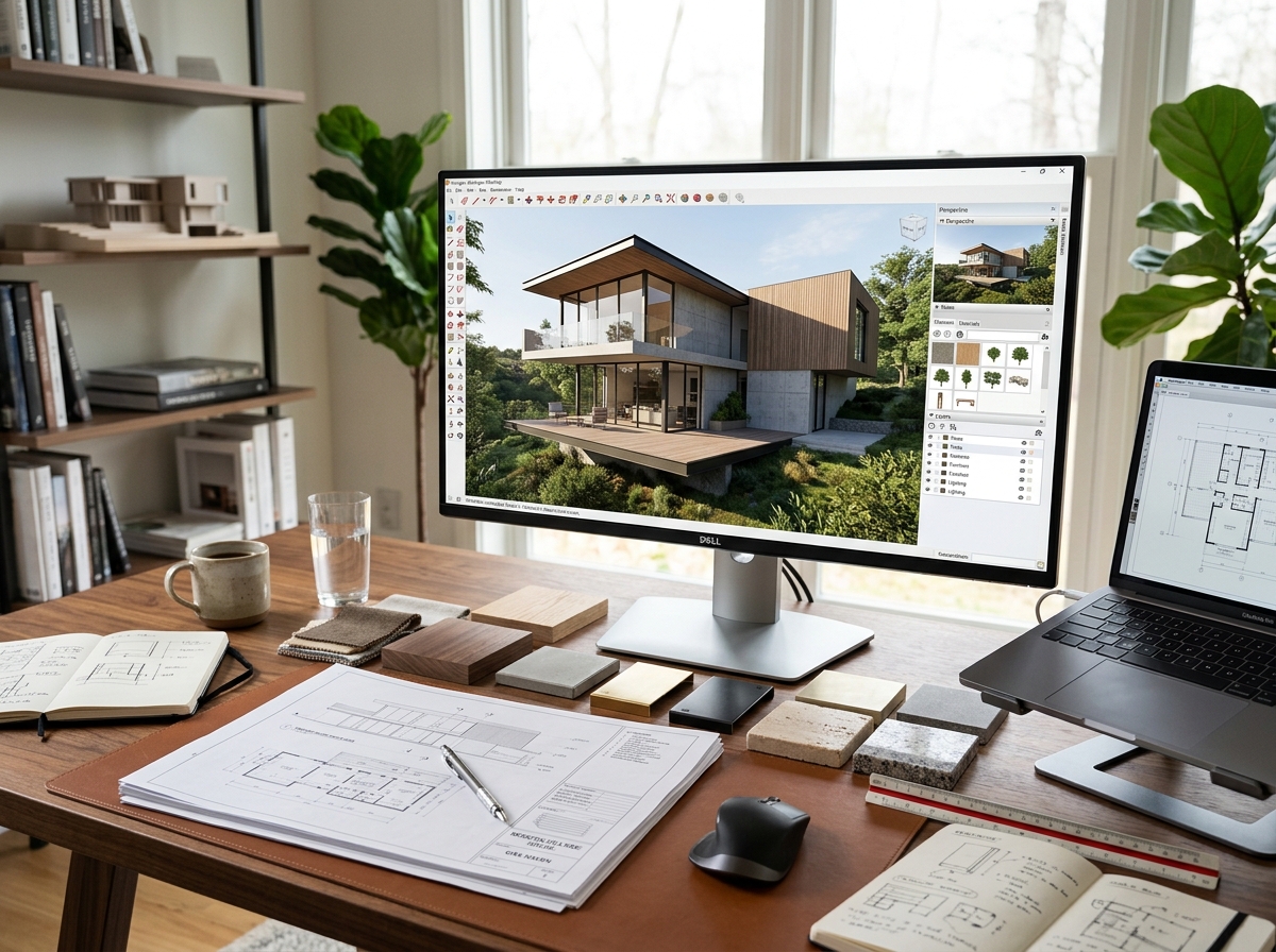 Photorealistic 3D architectural render on a monitor